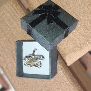 Wire Wrapped Citrine-Style Stone Ring in Silver Tone Adjustable